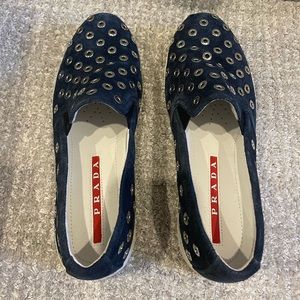 Prada Suede Navy Slip Ons
